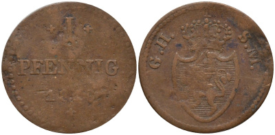 Гессен-Дармштадт 1 пфенниг 1819 GH-SM, Великий Герцог Людвиг I (1806-1830) KM 280 медь 4532-656