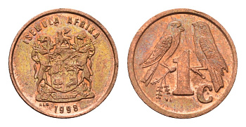 ЮАР 1 цент 1998 герб, капские воробьи KM 170 сталь плакированная медью UNC 4694-233