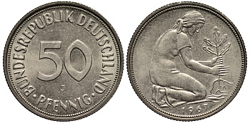 ФРГ 50 ПФЕННИГОВ 1967 J KM 109.1, J. 384 медно-никель UNC 4127-712