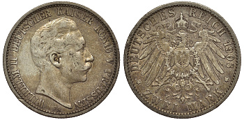 Пруссия 2 марки 1903 A, Вильгельм II (1888-1918) J.102, Weege 101, KM 522 серебро 02-014-24