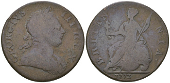 Великобритания 1/2 пенни 1773 Георг III (1760-1820) KM 601, Spink 3774 медь 4590-746