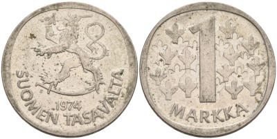 ФИНЛЯНДИЯ 1 МАРКА 1974 S KM 49a медно-никель 4563-516