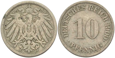 Германия 10 пфеннигов 1900 J KM 12, J. 13 медно-никель 4401-1144
