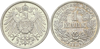 Германия 1 марка 1909 D Weege 18, J. 17, KM 14 серебро aUNC 65-227