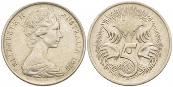 АВСТРАЛИЯ 5 ЦЕНТОВ 1973 ЕЛИЗАВЕТА II, МОЛОДОЙ ПОРТРЕТ, ЕХИДНА KM 64 медно-никель UNC 4532-556