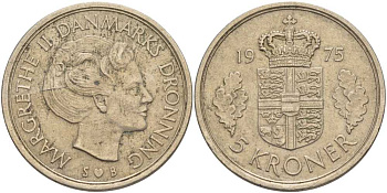 ДАНИЯ 5 КРОН 1975 S; B, МАРГРЕТЕ II (1972-) KM 863.1 медно-никель 38-514