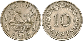 Мальта 10 центов 1972 баржа Великого магистра KM 11 медно-никель 4137-845
