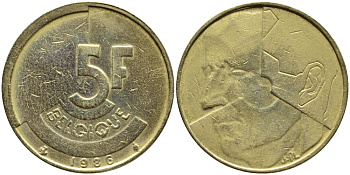 БЕЛЬГИЯ 5 ФРАНКОВ 1986 BELGIQUE KM 163 латунь или алюминевая бронза 4384-1026