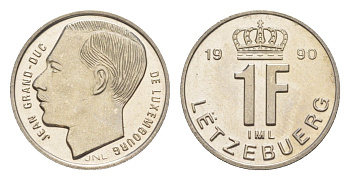 Люксембург 1 франк 1990 Герцог Жан (1964-1999) KM 63 сталь плакированная никелем UNC 4643-556