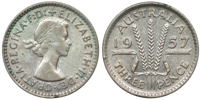 Австралия 3 пенса 1957 m, Елизавета II (1952-2022) KM 57 серебро 71-539