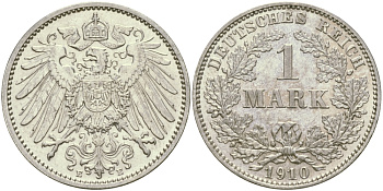 Германия 1 марка 1910 E Weege 18, J. 17, KM 14 серебро aUNC 65-233