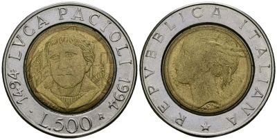 Италия 500 лир 1994 500 лет со дня рождения Луки Пачоли KM 167 биметалл 4165-1045