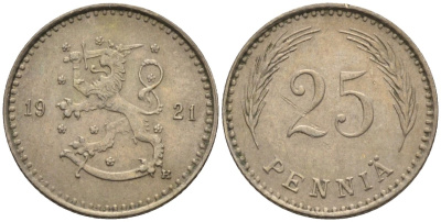 Финляндия 25 пенни 1921 Н KM 25 медно-никель 96-544