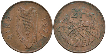 Ирландия 2 пенса 1971 виньетка в виде стилизованной птицы из второй библии Карла II лысого KM 21 бронза 259-1111