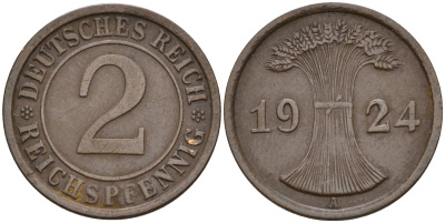 Германия 2 рейхспфеннига 1924 A KM 38, J. 314 бронза 4147-1238