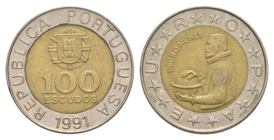 Португалия 100 эскудо 1991 Педру Нуниш (1502-1578), математик KM 645 биметалл 4388-1127