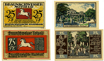 ВЕСТФАЛИЯ НАБОР ИЗ 2 БАНКНОТ 1 МАЯ 1921 - 1 МАЯ 1923, НОТГЕЛЬД (50, 75 ПФЕННИГОВ), ЗЕМЛЯ СЕВЕРНЫЙ РЕЙН-ВЕСТФАЛИЯ, СЕРИЯ BAD HARZBURG Grabowski 155.3 бумага 2193-8-1-1