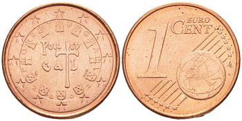 ПОРТУГАЛИЯ 1 ЕВРОЦЕНТ 2002 INCM KM 740 сталь плакированная медью UNC 26-957