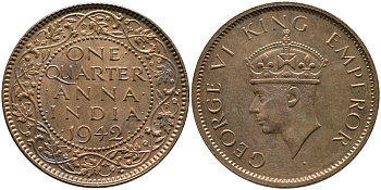 Британская Индия 1/4 анна 1942 Георг VI (1937-1952) KM 531 бронза aUNC 3999-756