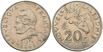 Французская Новая Каледония 20 франков 2008 три быка, (IEOM) KM 12a, Schoen 14a, Lec 115j медно-никель 81-1144