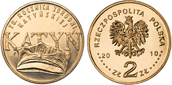 Польша 2 злотых 2010 MW, 70 лет со дня Катынского расстрела KM 721 нордик UNC 4676-711