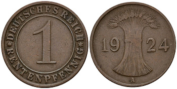 Германия 1 рентенпфенниг 1924 A KM 30, J. 306 бронза 192-955