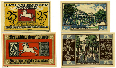 ВЕСТФАЛИЯ НАБОР ИЗ 2 БАНКНОТ 1 МАЯ 1921 - 1 МАЯ 1923, НОТГЕЛЬД (50, 75 ПФЕННИГОВ), ЗЕМЛЯ СЕВЕРНЫЙ РЕЙН-ВЕСТФАЛИЯ, СЕРИЯ BAD HARZBURG Grabowski 155.3 бумага 2193-8-1-1