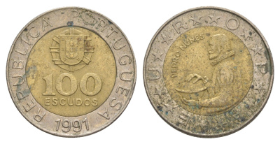 Португалия 100 эскудо 1991 Педру Нуниш (1502-1578), математик KM 645 биметалл 4390-414