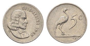 ЮАР 5 центов 1965 Ян ван Рибек (1619-1677), Suid Africa, легенда на африкаанс, райский журавль KM 67.2 медно-никель 4694-422