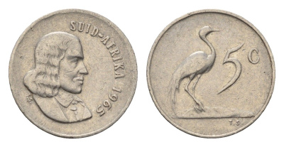 ЮАР 5 центов 1965 Ян ван Рибек (1619-1677), Suid Africa, легенда на африкаанс, райский журавль KM 67.2 медно-никель 4694-422