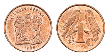 ЮАР 1 цент 1999 герб, капские воробьи KM 170 сталь плакированная медью UNC 4694-246