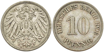 Германия 10 пфеннигов 1906 A KM 12, J. 13, Weege 8 медно-никель 259-857