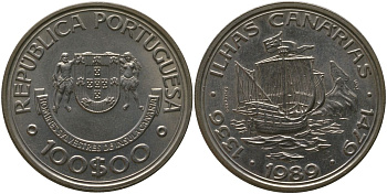Португалия 100 эскудо 1989 INCM, Золотой век открытий - Открытие Канарских островов KM 646 медно-никель aUNC 4587-1233