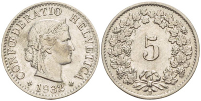 ШВЕЙЦАРИЯ 5 РАППЕНОВ 1932 В KM 26b никель 4549-143
