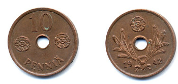 ФИНЛЯНДИЯ 10 ПЕННИ 1942 KM 33.1 медь 51-4951