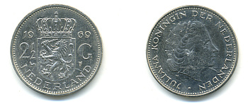 Нидерланды 2 1/2 гульдена 1969 Юлиана (1948-1980) KM 191 никель 83-635