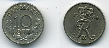 Дания 10 эре 1964 C; S, Фредерик IX (1947-1972) KM 849.1 медно-никель 54-1126