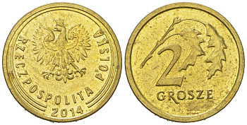 Польша 2 гроша 2014 MW Y 923 сталь плакированная латунью UNC 4618-537