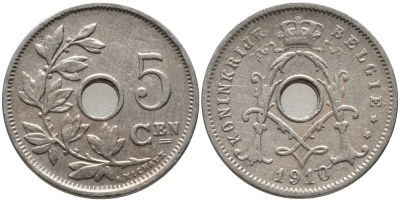 БЕЛЬГИЯ 5 САНТИМОВ 1910 BELGIE KM 67 медно-никель 72-1021