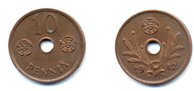 ФИНЛЯНДИЯ 10 ПЕННИ 1942 KM 33.1 медь 51-4951