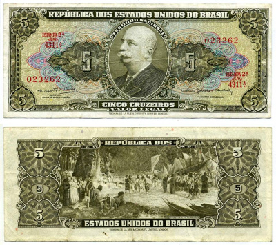 БРАЗИЛИЯ 5 КРУЗЕЙРО 1964 ПОДПИСЬ 14, СЕРИЯ 4311 Pick 176d бумага VF 7191-12-1-1