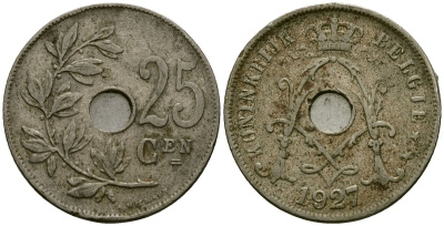 Бельгия 25 сантимов 1927 Belgie KM 69 медно-никель 4131-623
