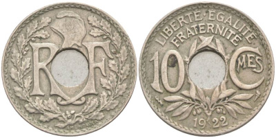 ФРАНЦИЯ 10 САНТИМОВ 1922 ТИП LINDAUER, ПУАССИ (МОЛНИЯ) KM 866а, LE FRANC 138.7 медно-никель 55-142