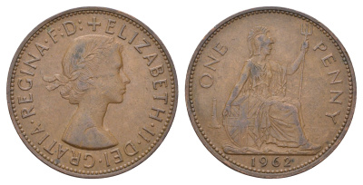 Великобритания 1 пенни 1962 Елизавета II (1952-2022) KM 897, Spink 4157 бронза 4111-436