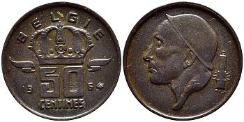 БЕЛЬГИЯ 50 САНТИМОВ 1964 BELGIE KM 149.1 бронза 4392-1346