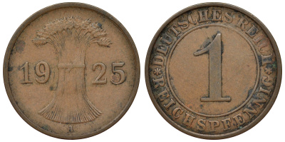 Германия 1 рейхспфенниг 1925 A KM 37, J. 313 бронза 4124-114