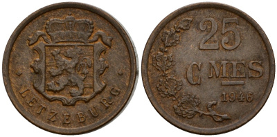 Люксембург 25 сантимов 1946 Шарлотта (1918-1964) KM 45 бронза 4115-1052