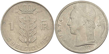 Бельгия 1 франк 1974 Belgique, Бодуэн I (1951-1993) KM 142.1 медно-никель 213-533