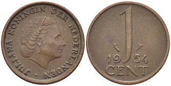 Нидерланды 1 цент 1954 Юлиана (1949-1980) KM 180 бронза 206-248