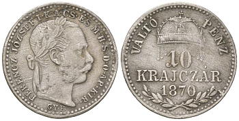 Венгрия 10 крейцеров 1870 KB, Франц Иосиф I (1848-1916) KM 451 серебро 4549-138